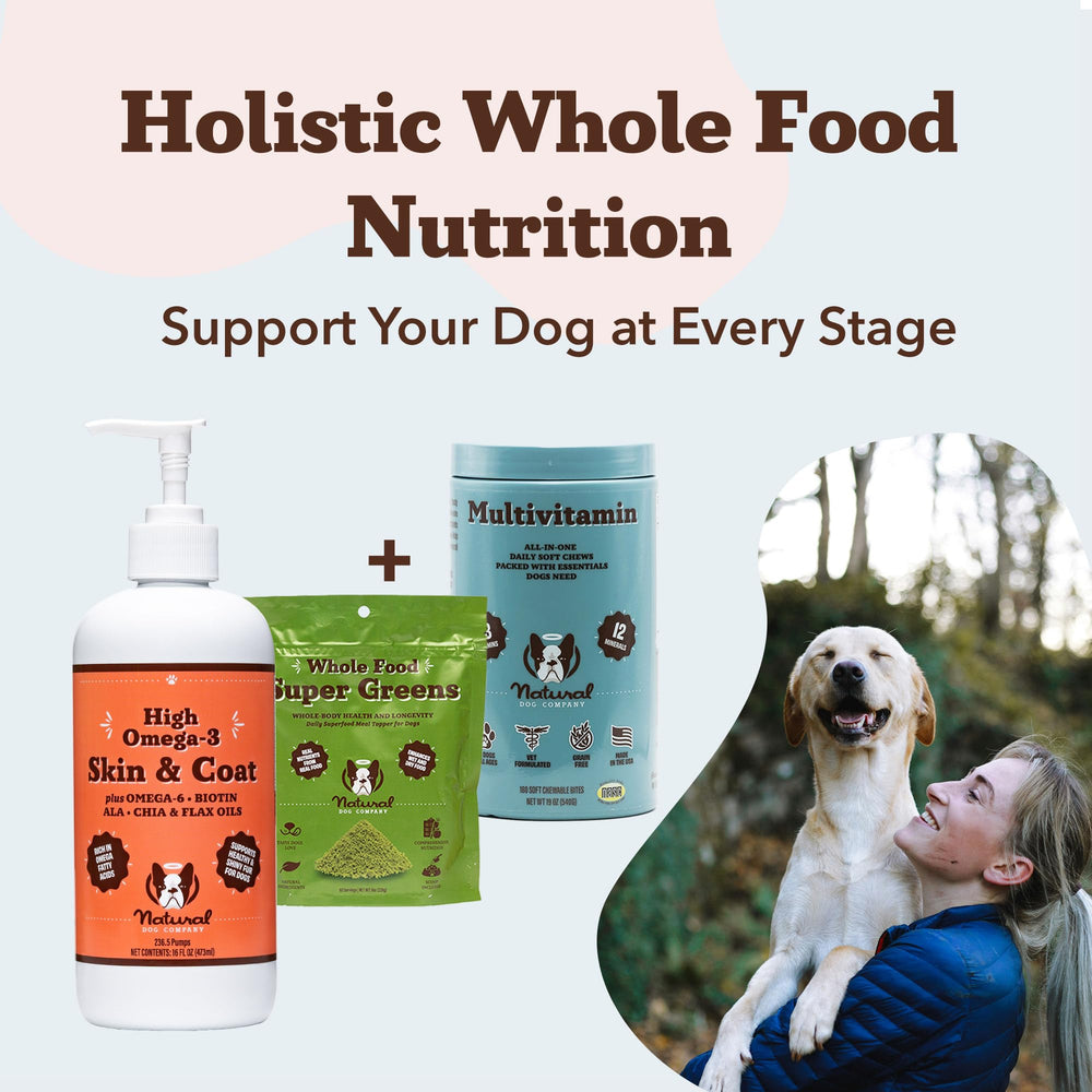 Natural Dog Company Skin & Coat Oil easy-dosing pump for mess-free feeding.