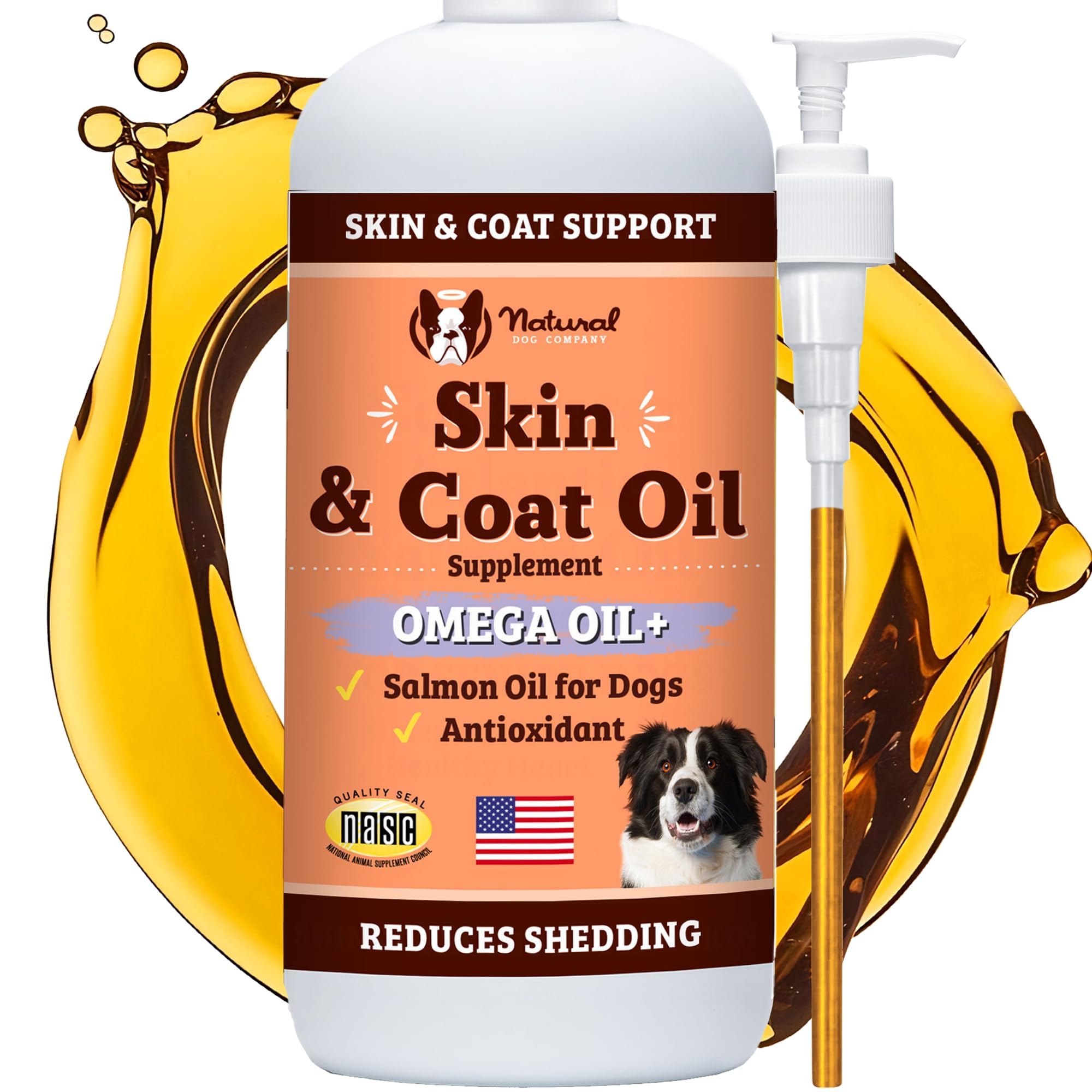 Natural Dog Company Skin & Coat Oil pump bottle for easy daily dosing to support coat health.