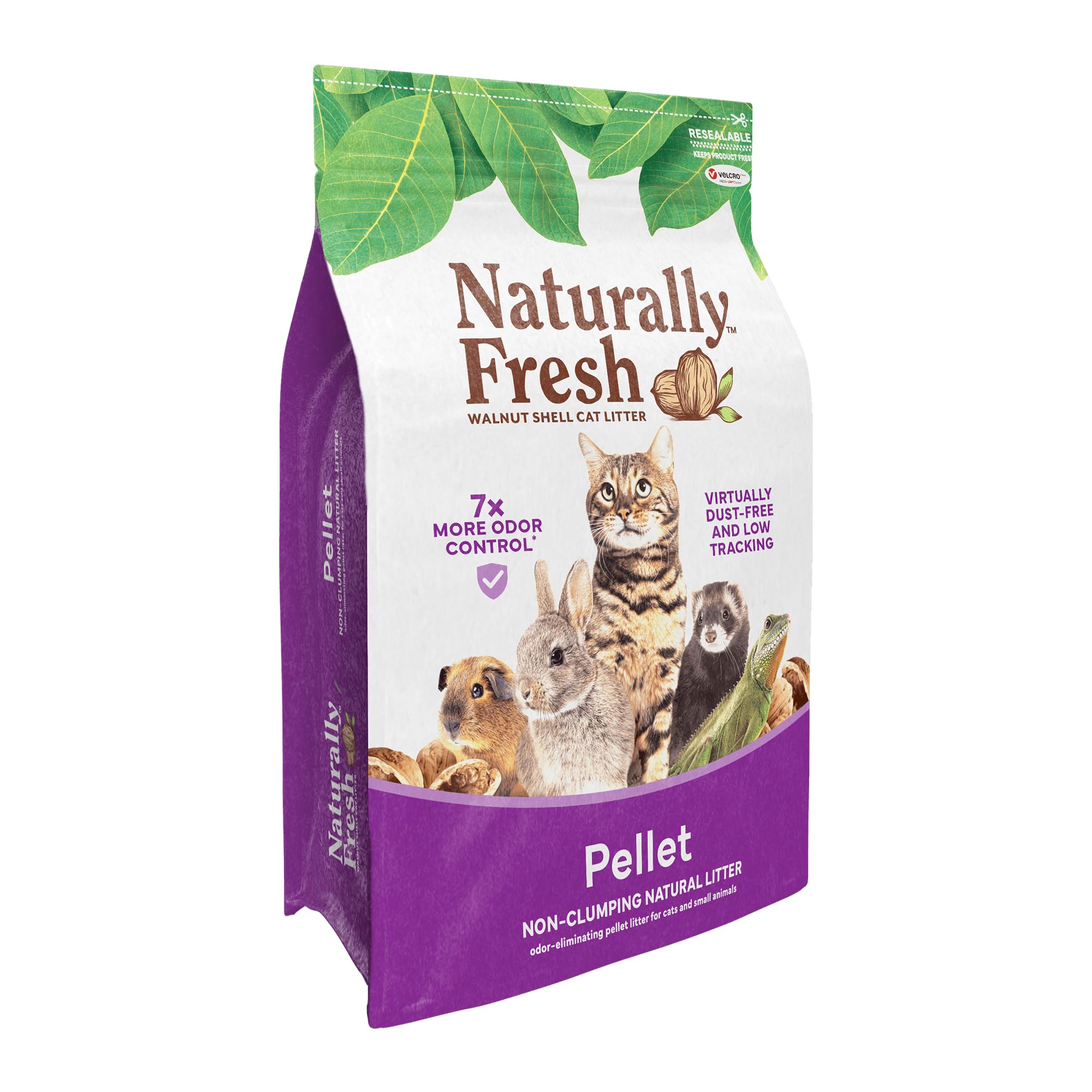 Naturally Fresh odor-control pellet litter illustrates low-dust, fragrance-free design for sensitive noses.