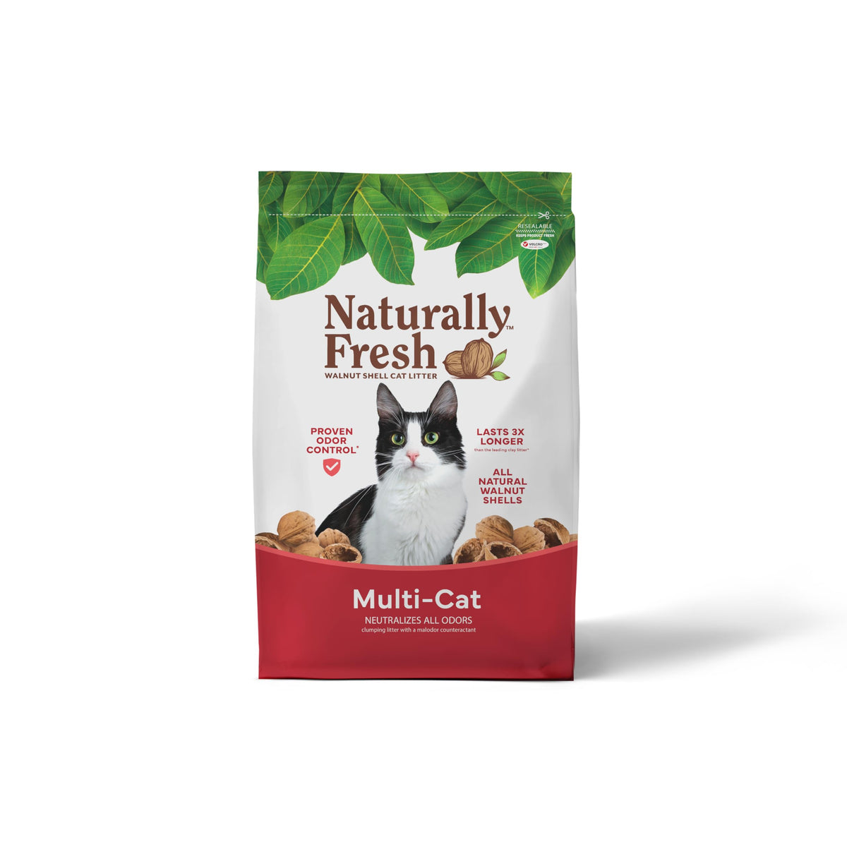 Naturally Fresh walnut-shell cat litter in a 30 lb bag for sustainable odor control.