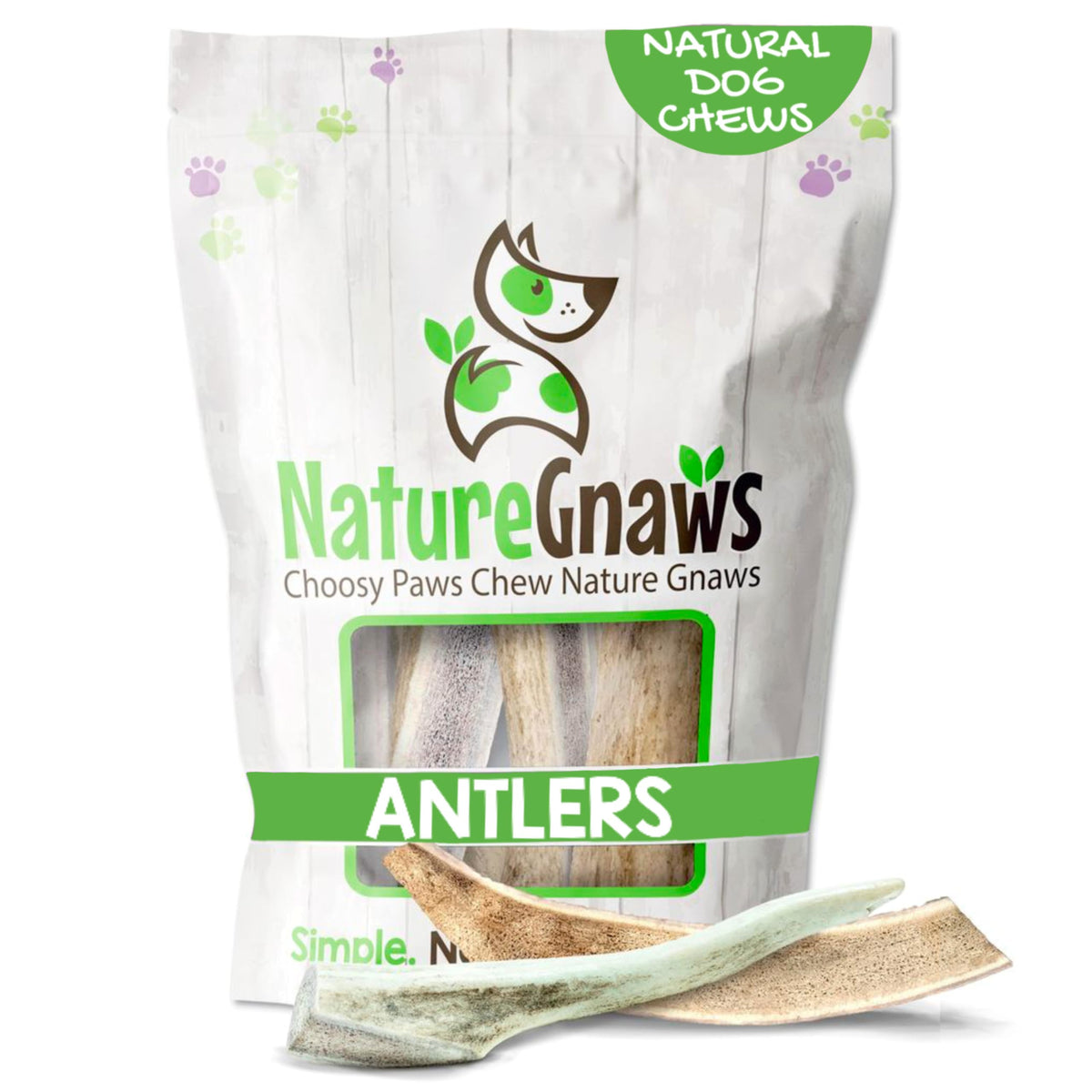 Nature Gnaws elk and deer antler mix for dogs, long-lasting chews.