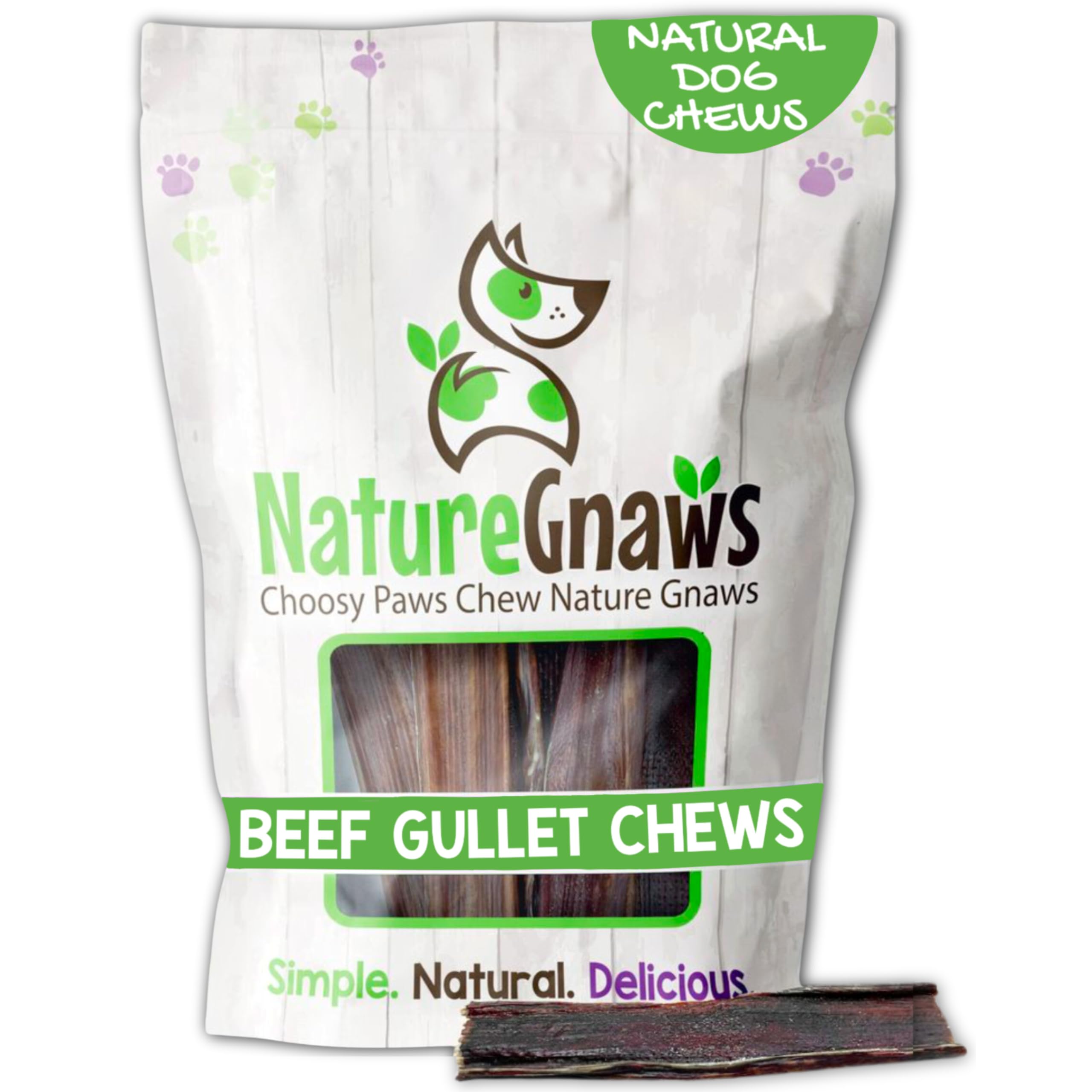 Nature Gnaws Beef Gullet Chews packaging shows a 20-count box for small dogs