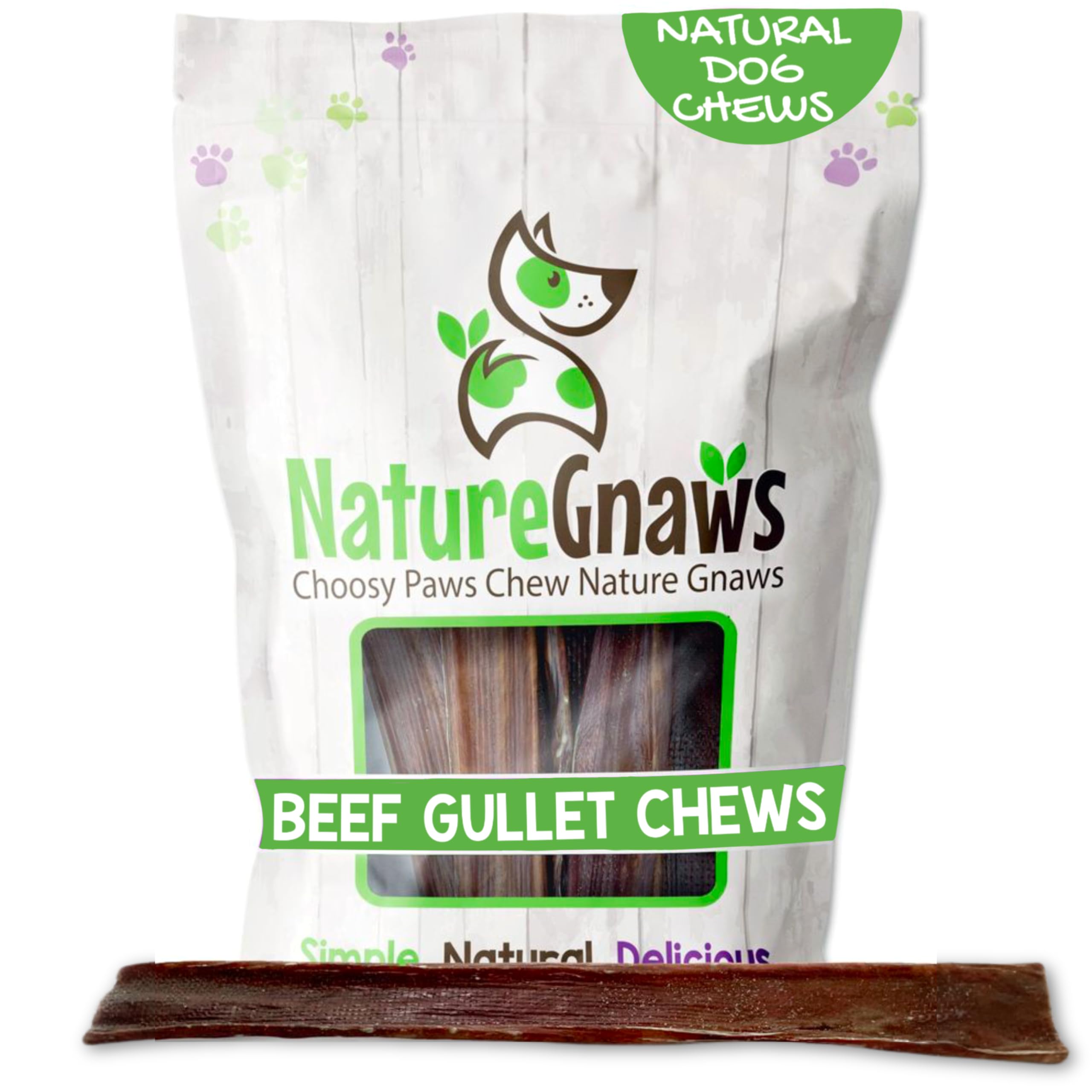 Nature Gnaws Beef Gullet Chews packaging for large dogs, savory rawhide-free appeal.
