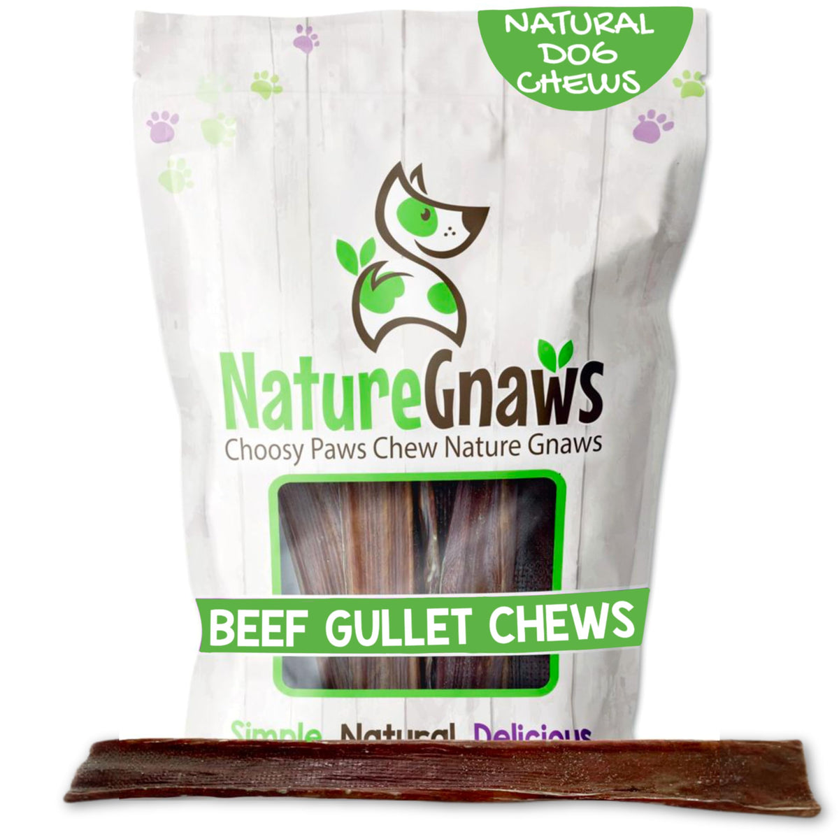 Nature Gnaws Beef Gullet Chews packaging for large dogs, savory rawhide-free appeal.