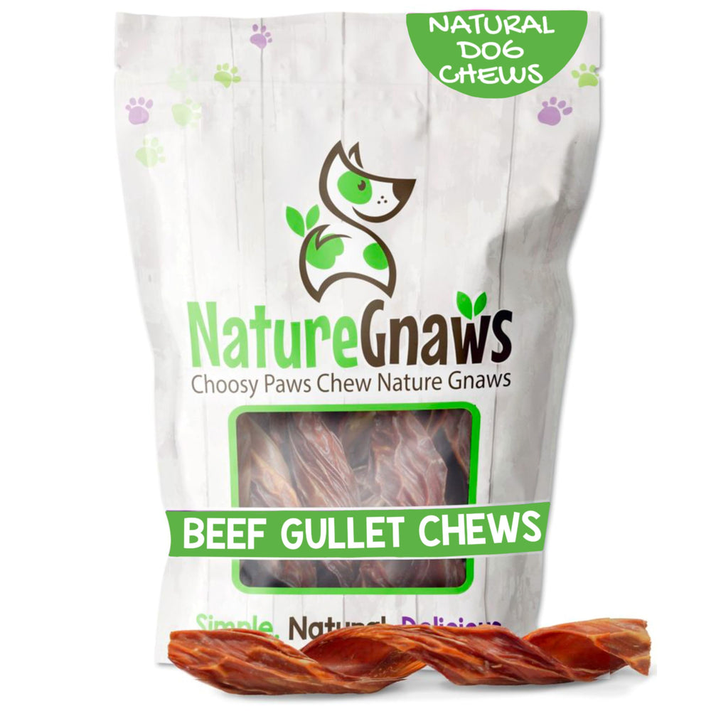 Nature Gnaws Beef Gullet Springs packaging highlights a rawhide free dog chew
