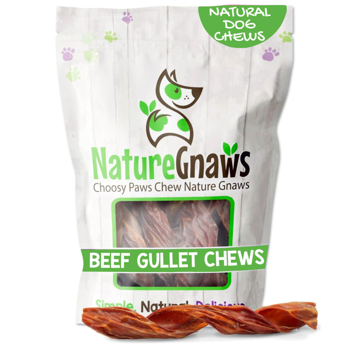 Nature Gnaws Beef Gullet Springs packaging highlights a rawhide free dog chew