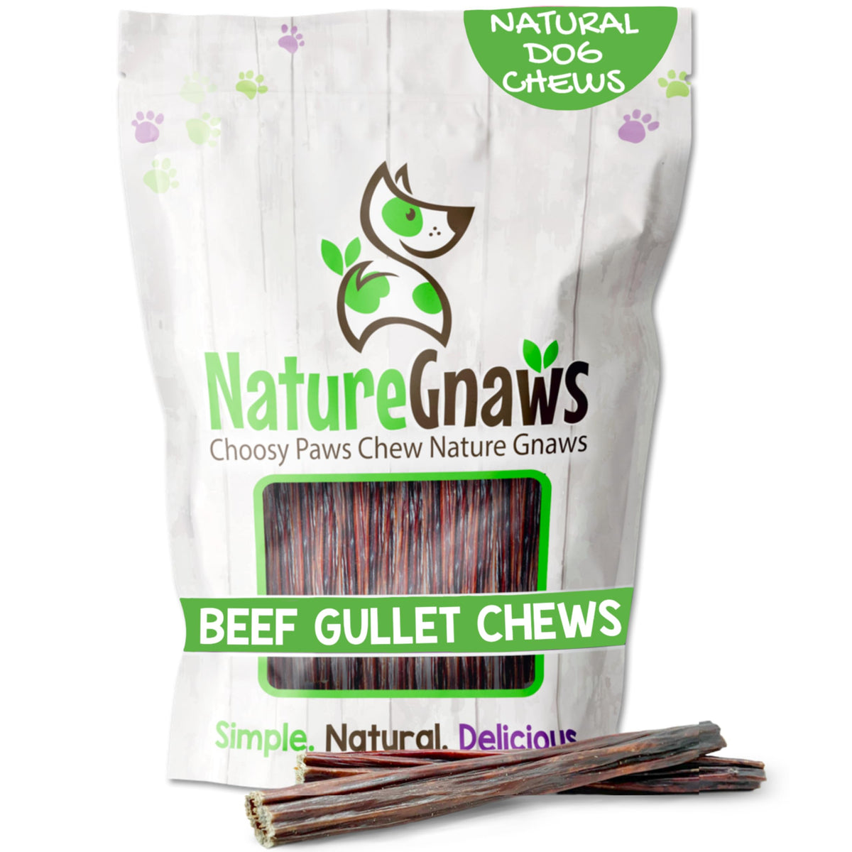 Nature Gnaws Beef Gullet Sticks packaging highlights a rawhide-free chew for teething puppies.