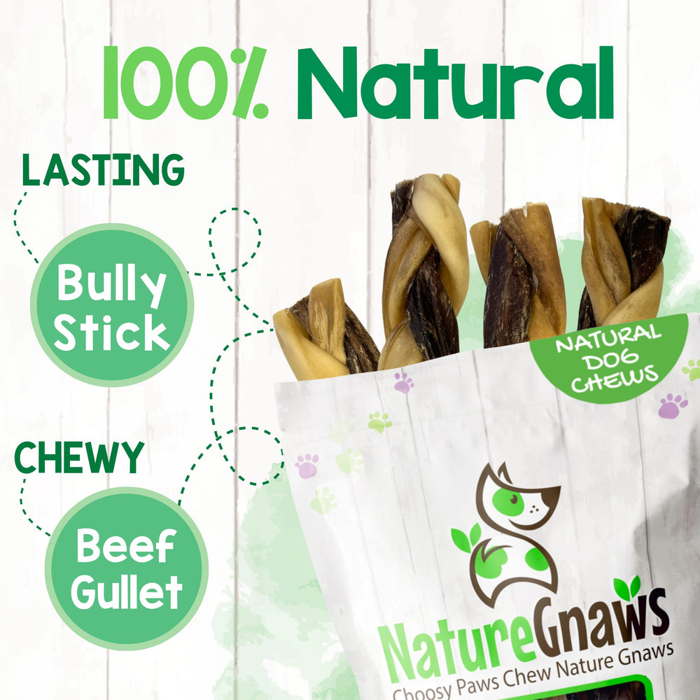 Nature Gnaws beef pizzle and gullet ingredients clearly displayed on the bully braid chew.