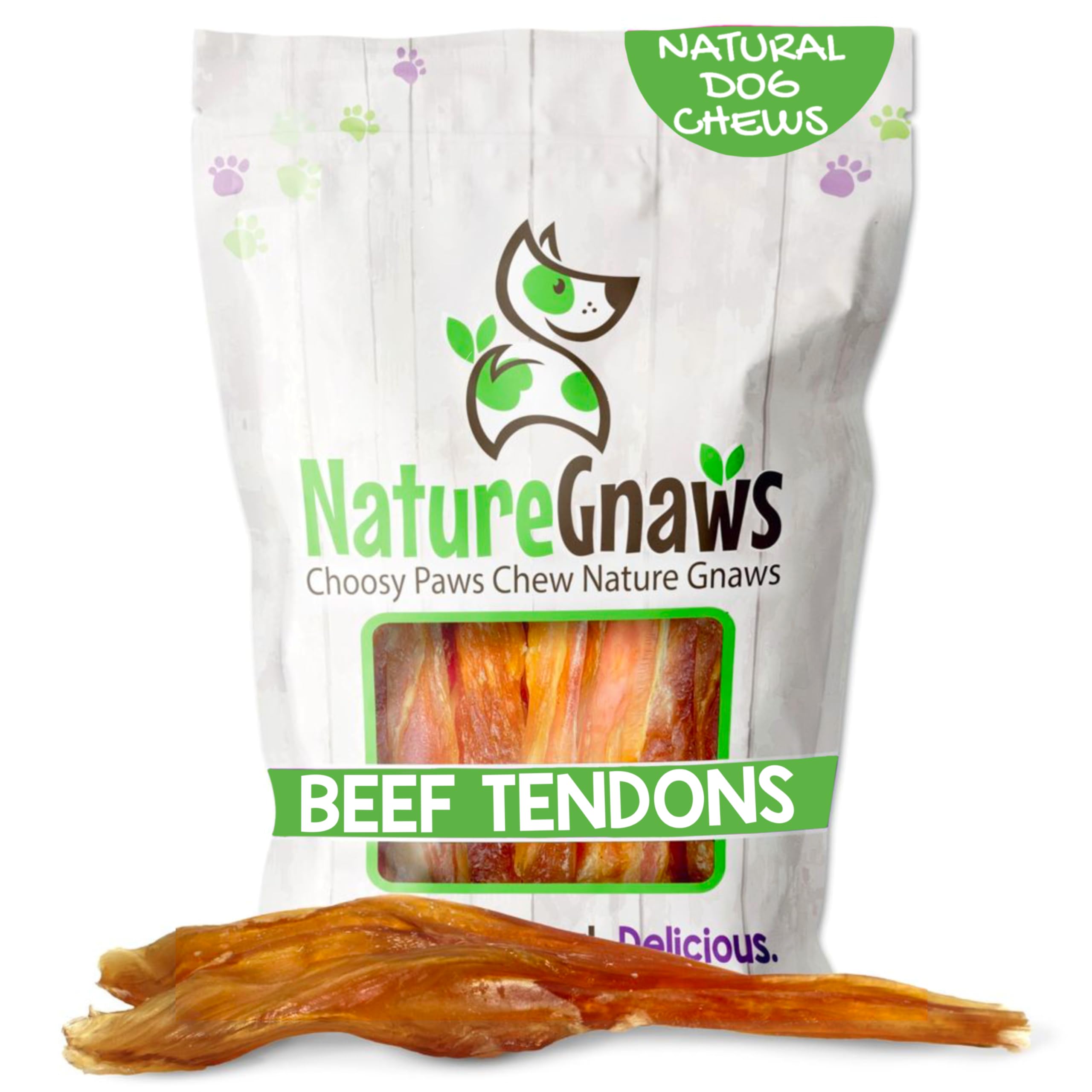 Nature Gnaws Beef Tendons pack 7-11 inch for large dogs, long-lasting chew.