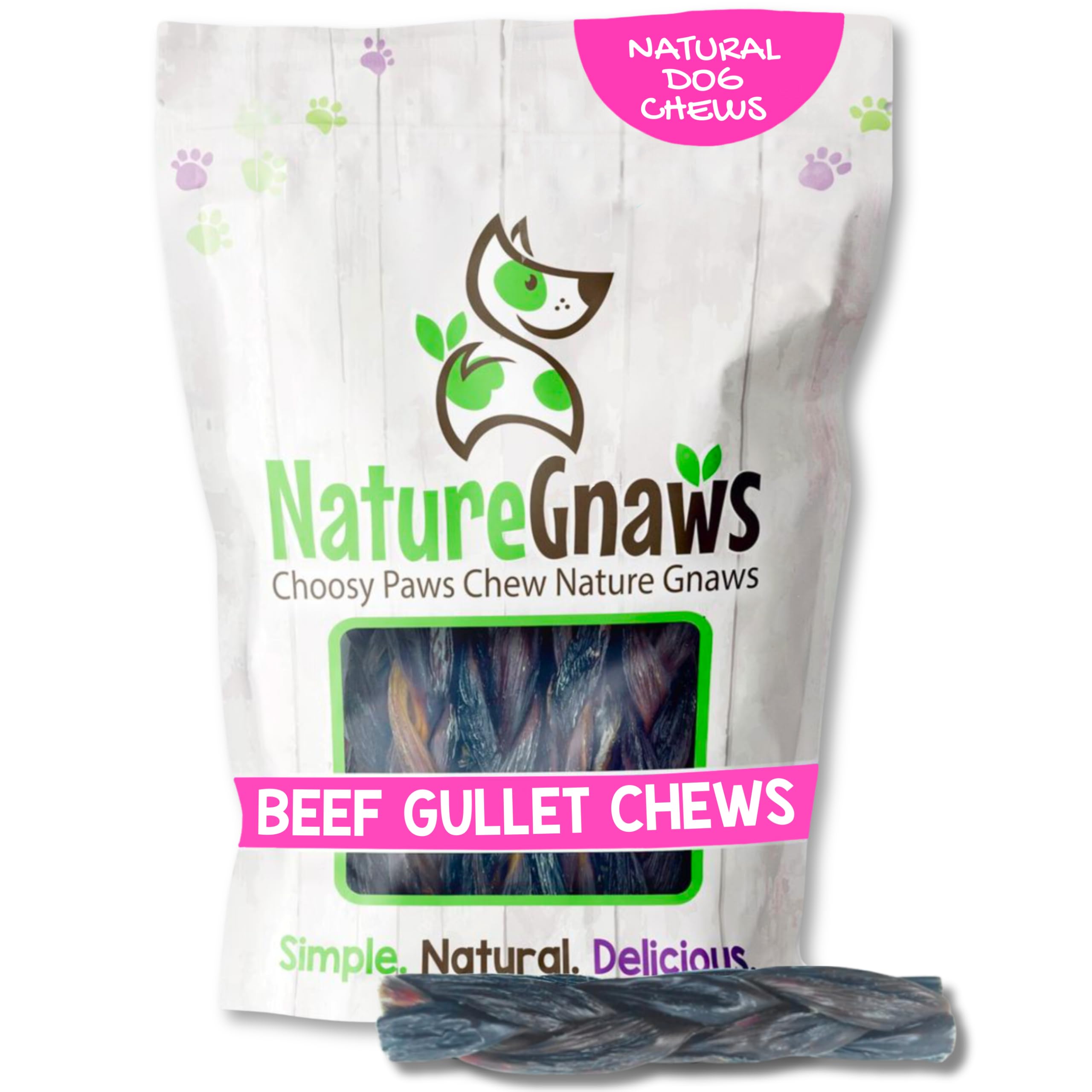 Nature Gnaws Braided Beef Gullet Chews pack closeup shows a low-odor, grain-free snack