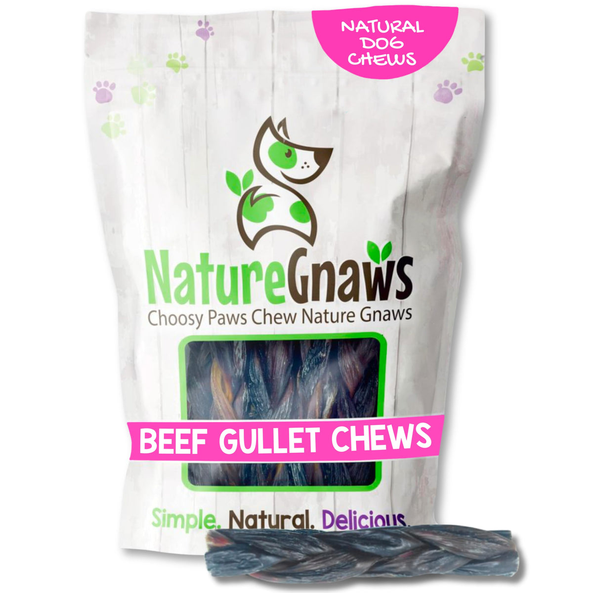 Nature Gnaws Braided Beef Gullet Chews pack closeup shows a low-odor, grain-free snack