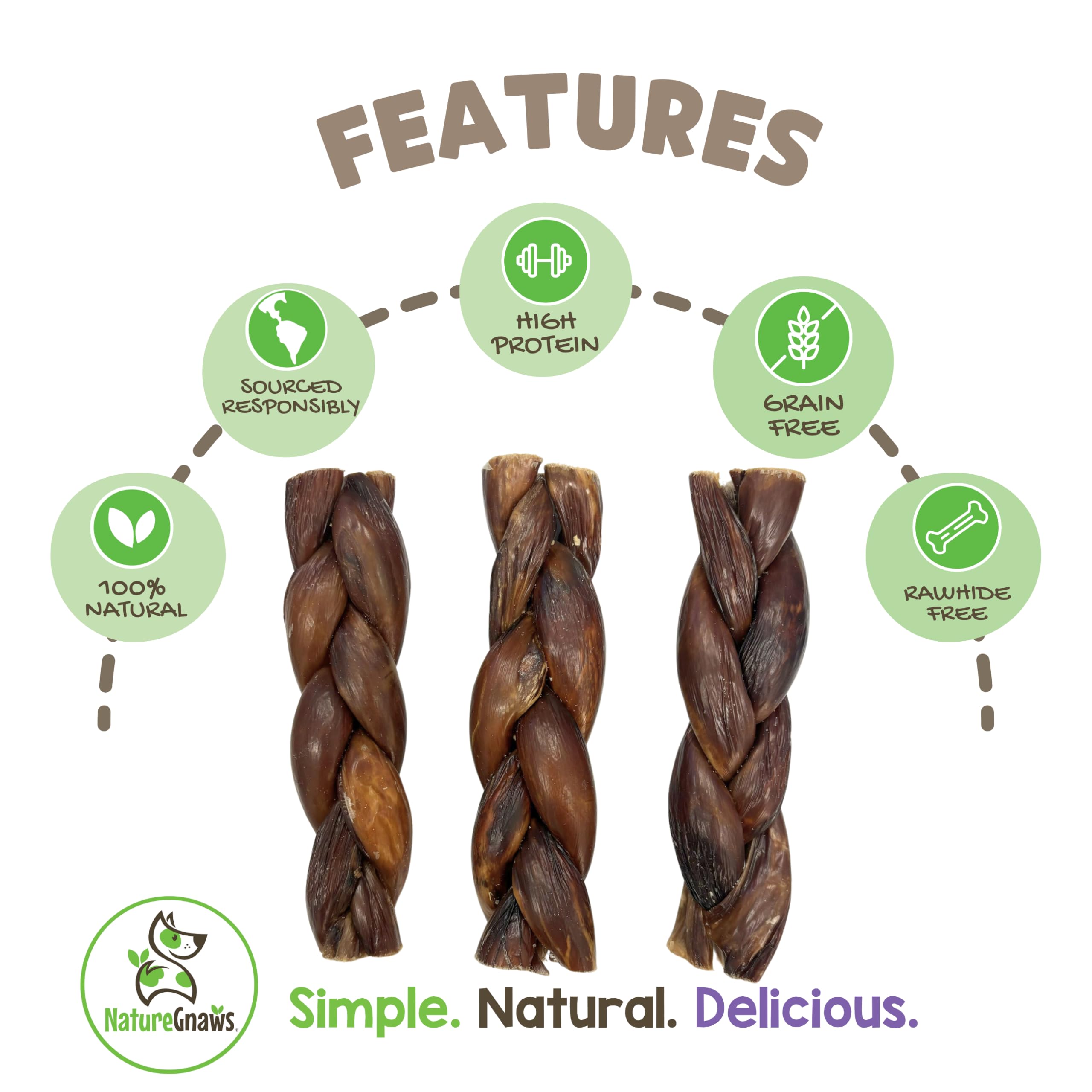 Nature Gnaws Braided Beef Gullet Chews uncurled texture closeup demonstrates durable chew