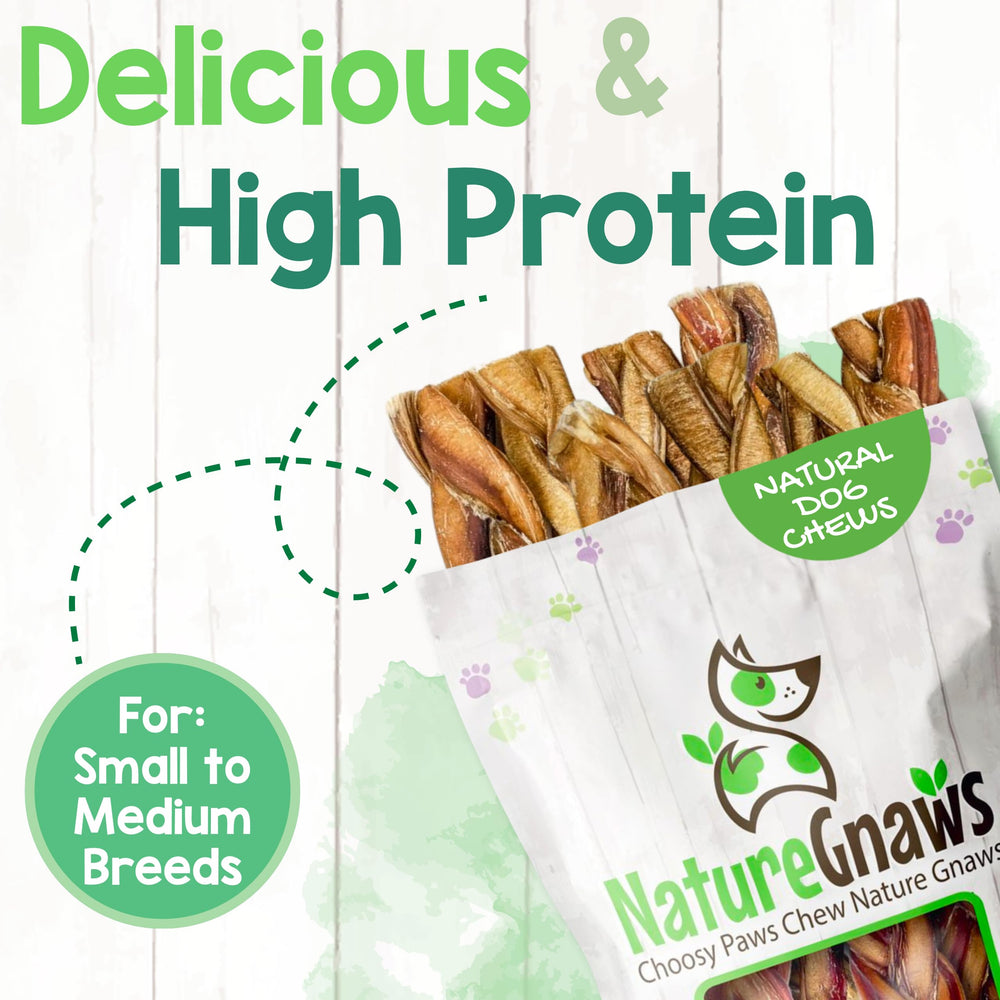 Nature Gnaws Braided Bully Sticks teething dogs benefit from savory chew.