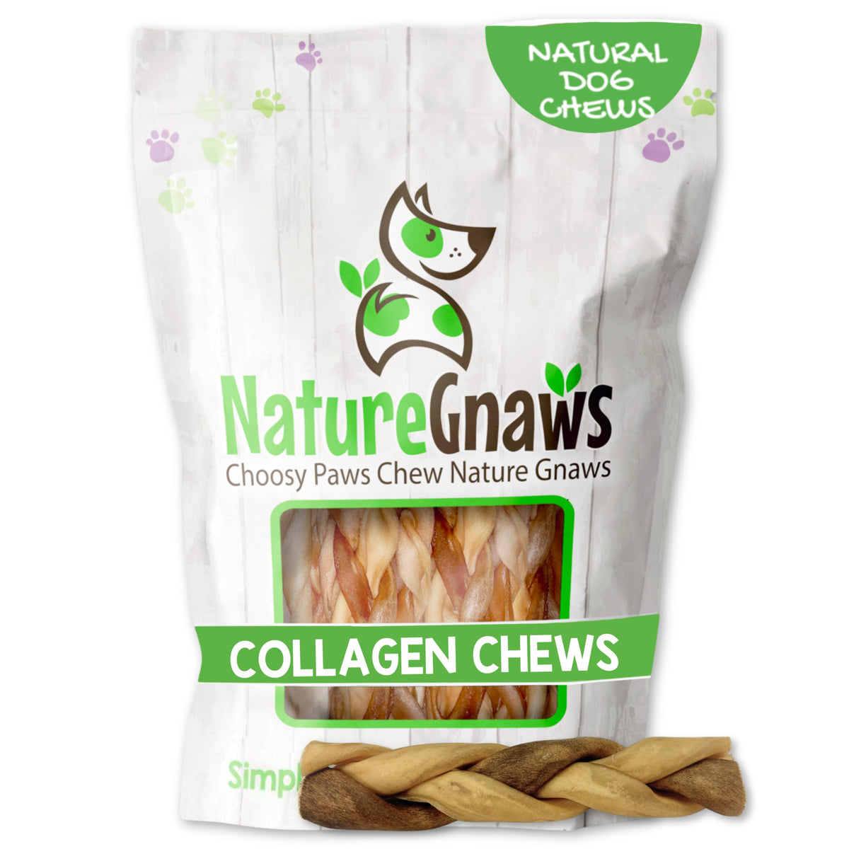 Nature Gnaws braided collagen sticks 6-inch chew ideal for aggressive chewers.