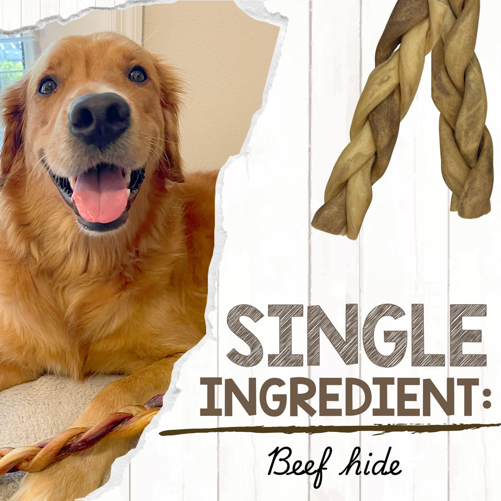 Nature Gnaws braided collagen sticks rawhide-free chew with savory beef scent.