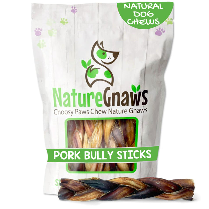 Nature Gnaws braided pork bully sticks closeup; savory chew for focused play