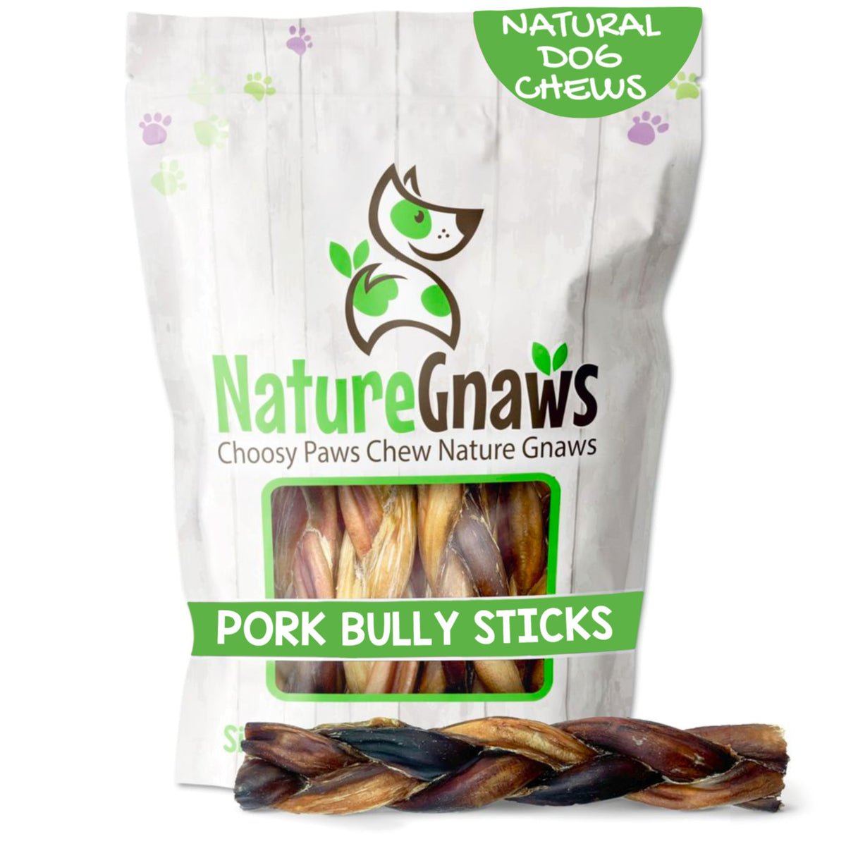 Nature Gnaws braided pork bully sticks closeup; savory chew for focused play