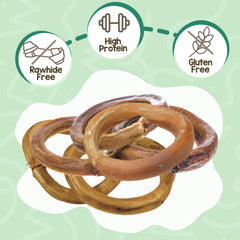 Nature Gnaws bully-stick rings in-use photo showing dog chewing for teething relief.