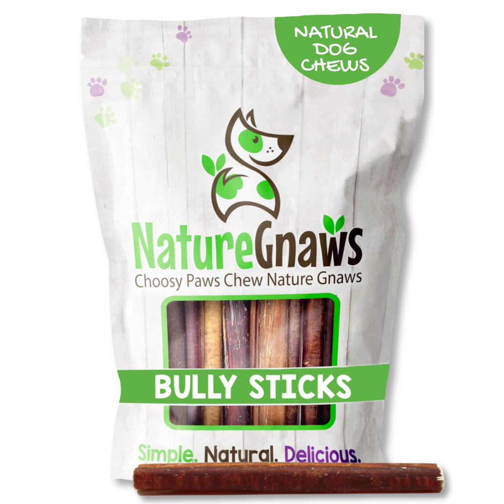 Nature Gnaws Bully Sticks 5-6 inch pack; long-lasting chew for large dogs.