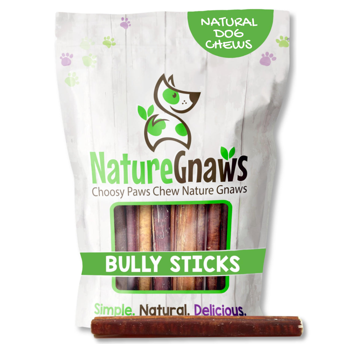 Nature Gnaws Bully Sticks 5-6 inch pack; long-lasting chew for large dogs.