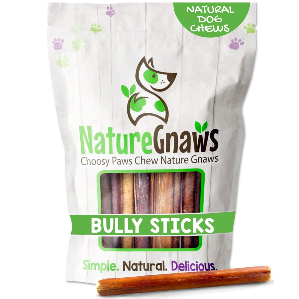Nature Gnaws bully sticks 5-6 inch pack, durable chew for large dogs.