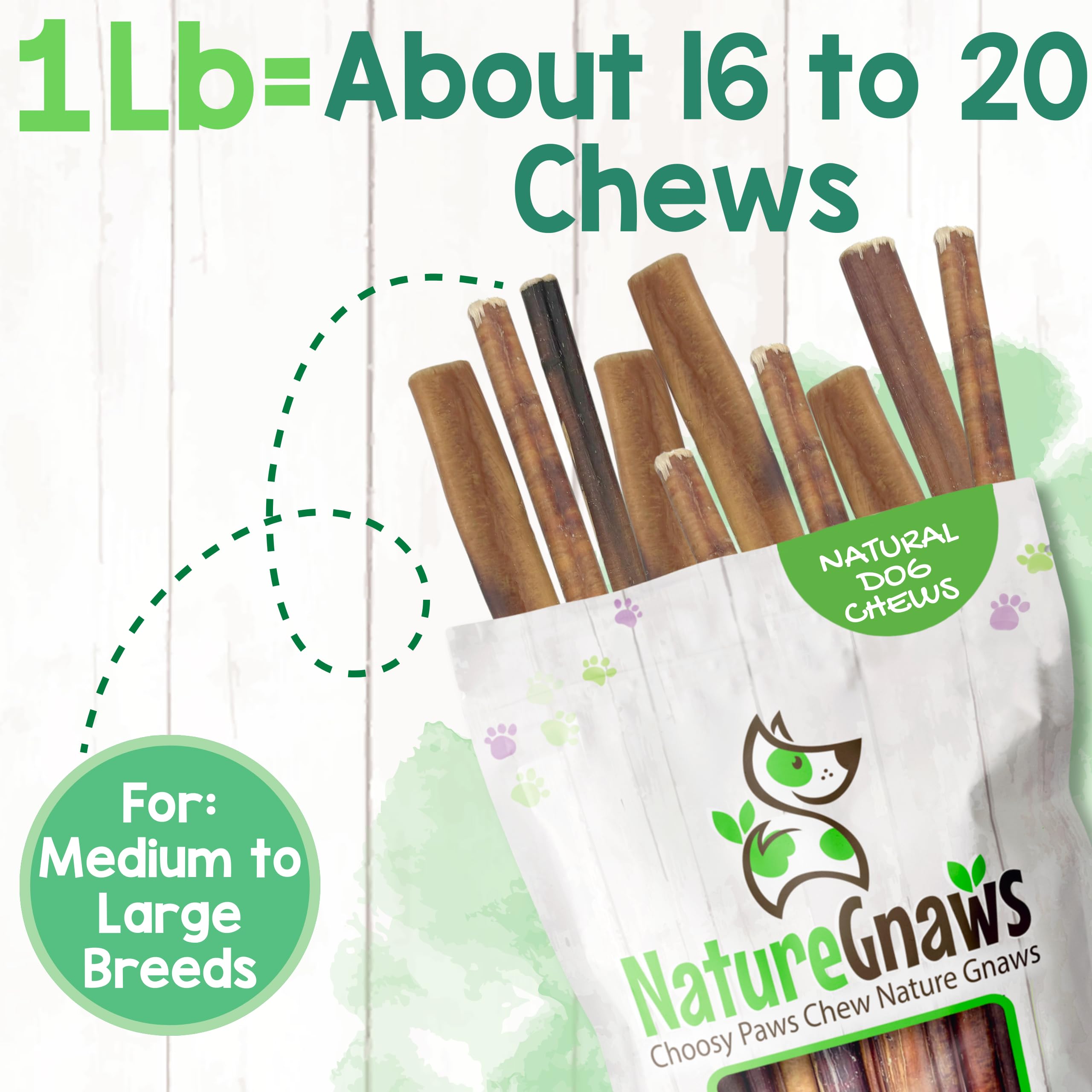 Nature Gnaws Bully Sticks for large dogs; durable texture for heavy chewers.