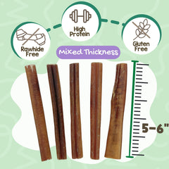 Close-up of mixed-thickness bully sticks showing natural texture and rawhide-free option.