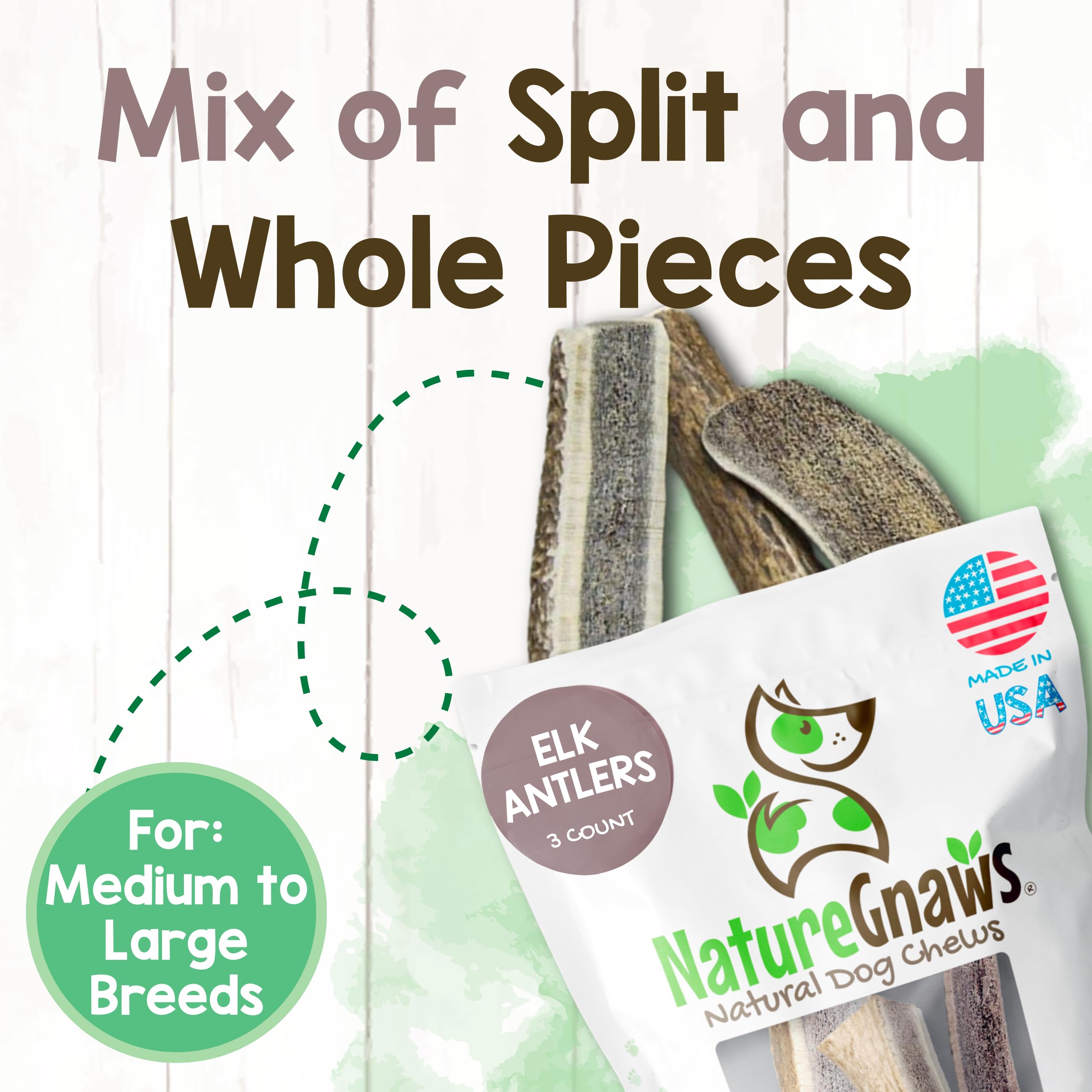 Nature Gnaws elk antlers pack includes split and whole pieces for variety.