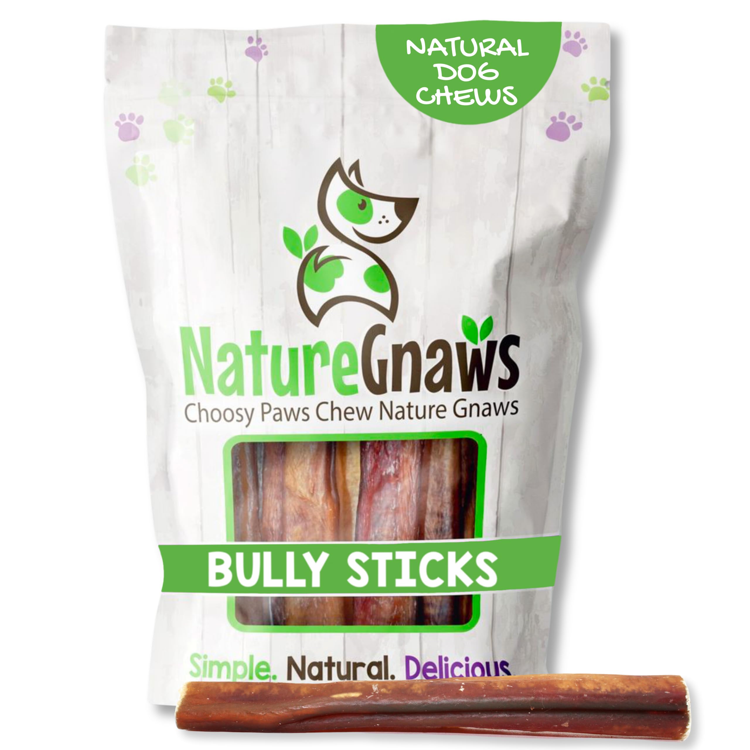 Nature Gnaws extra-large bully sticks 5-6 inch, long-lasting chew for powerful chewers.