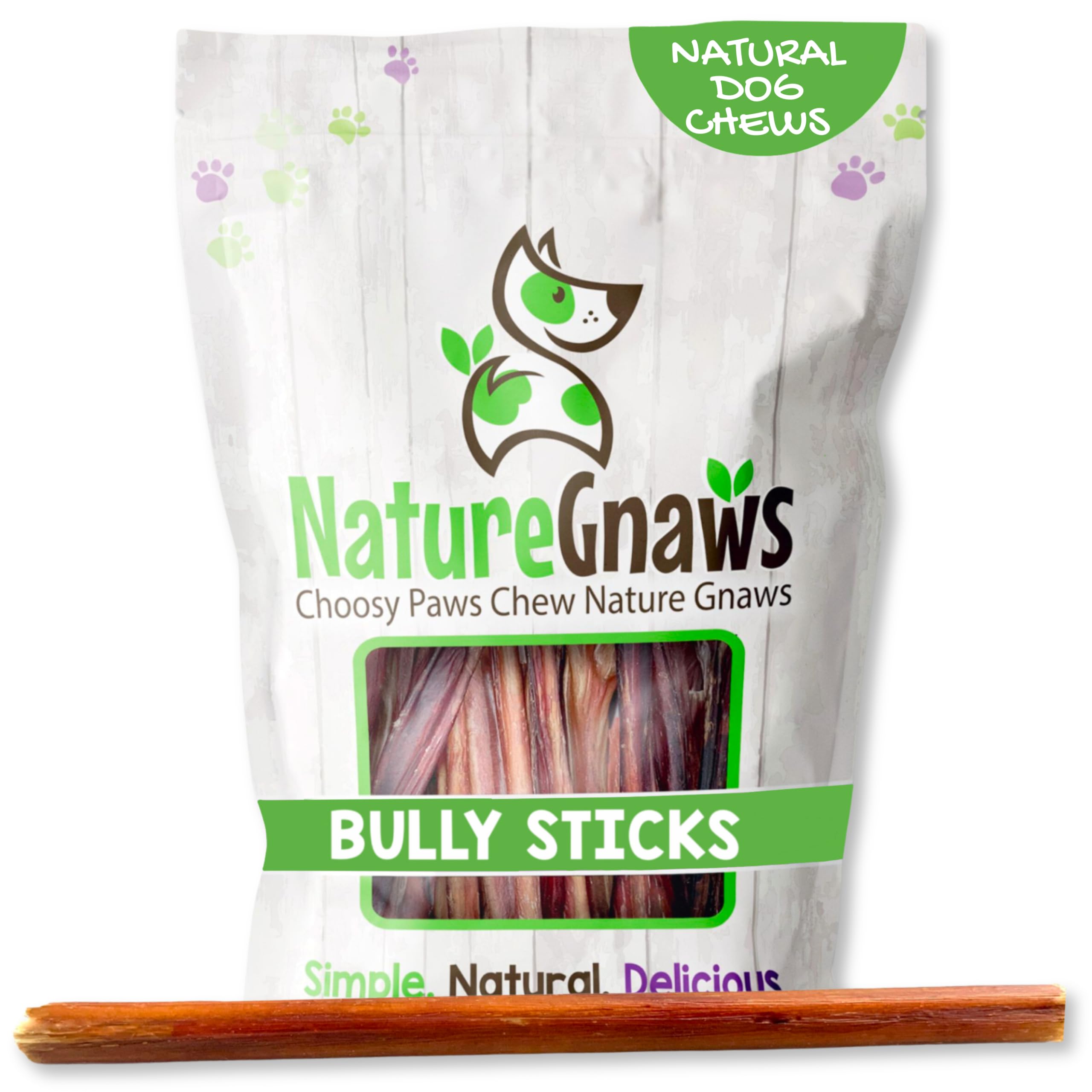 Nature Gnaws Large Bully Sticks packaging and sticks for long-lasting chewing.