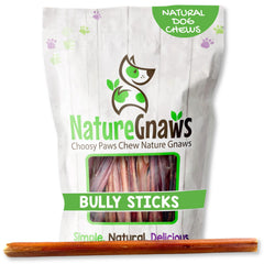 Nature Gnaws Large Bully Sticks packaging and sticks for long-lasting chewing.