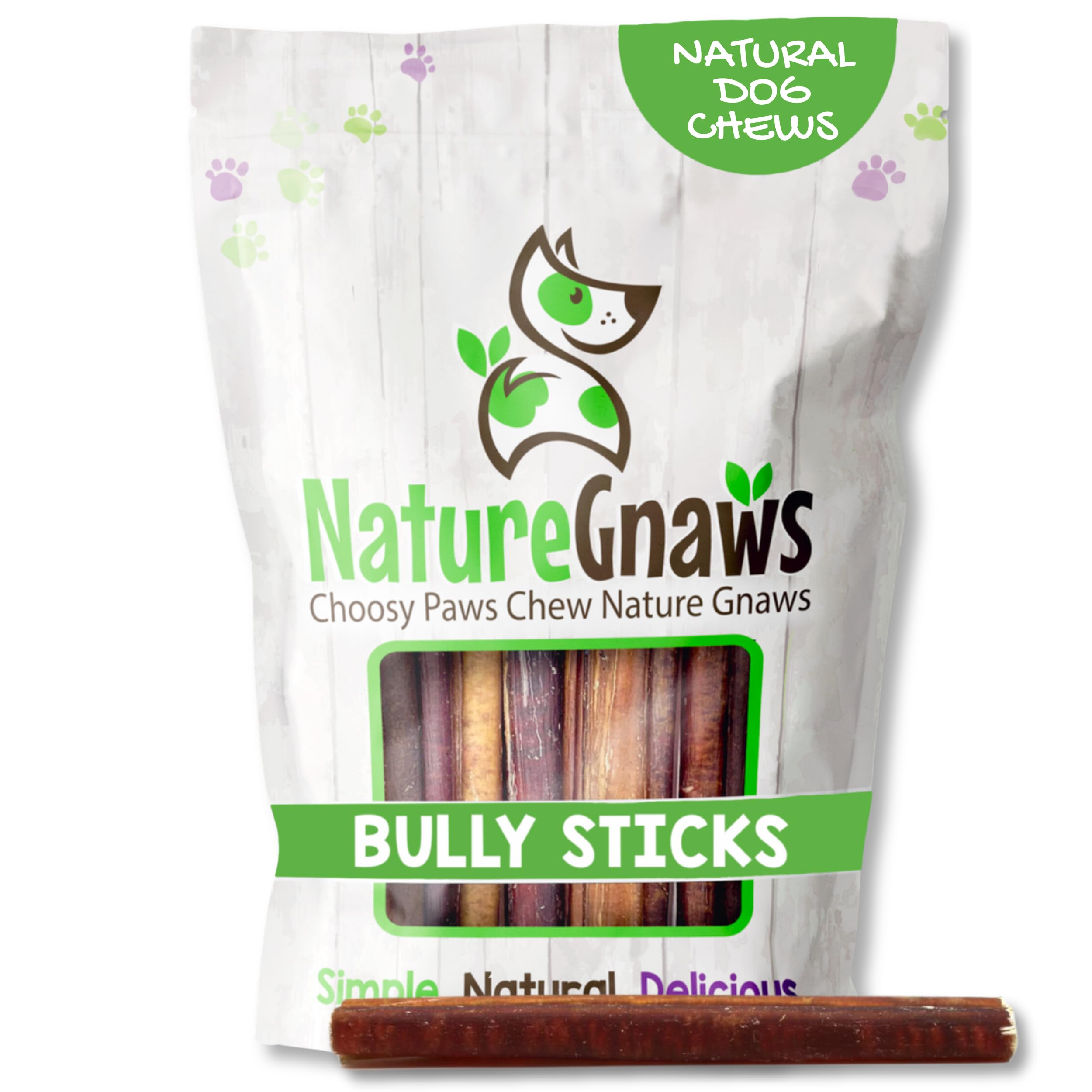 Nature Gnaws large bully sticks rawhide-free chew keeps dogs calm and entertained.