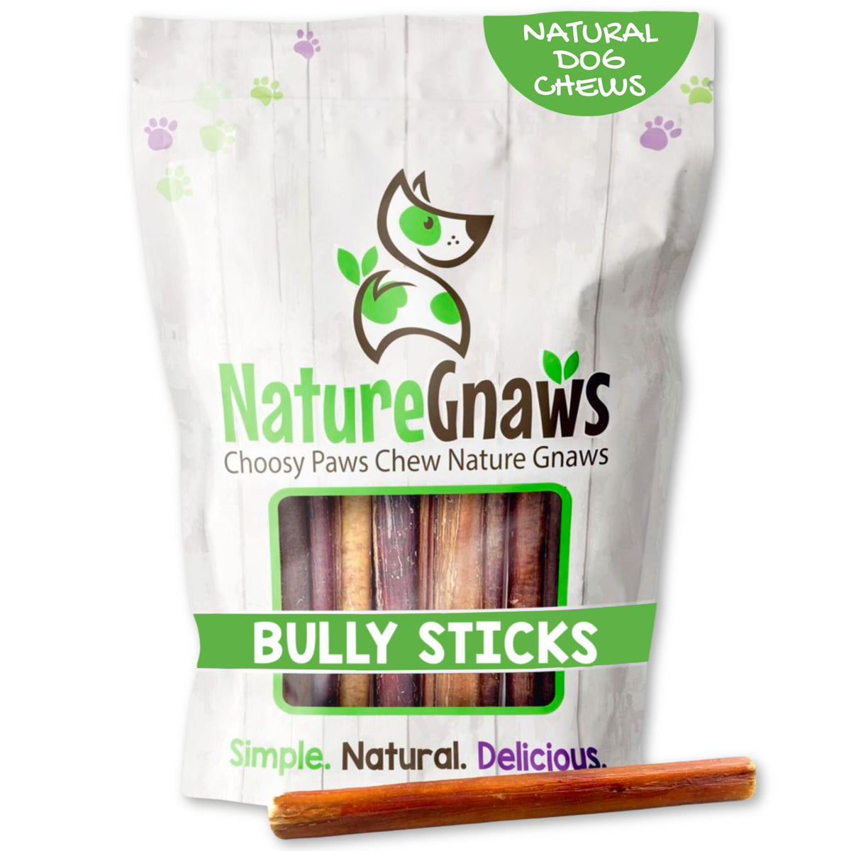 Nature Gnaws Small Bully Sticks packaging shows a grain-free chew option for dogs.