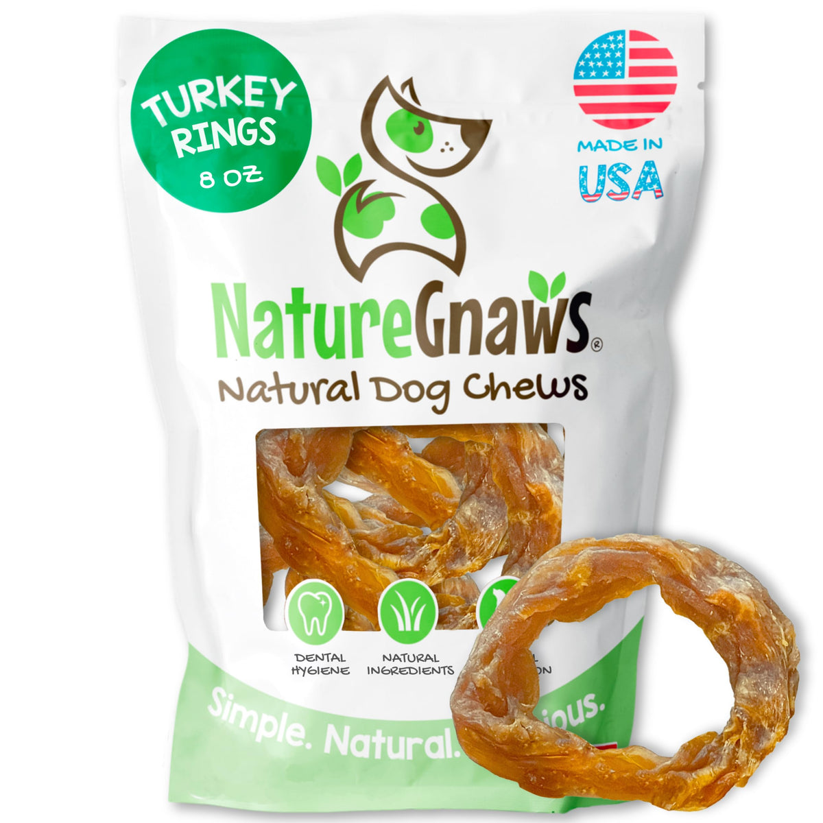 Nature Gnaws USA Turkey Tendon Rings packaging showing premium grain-free dog chews.