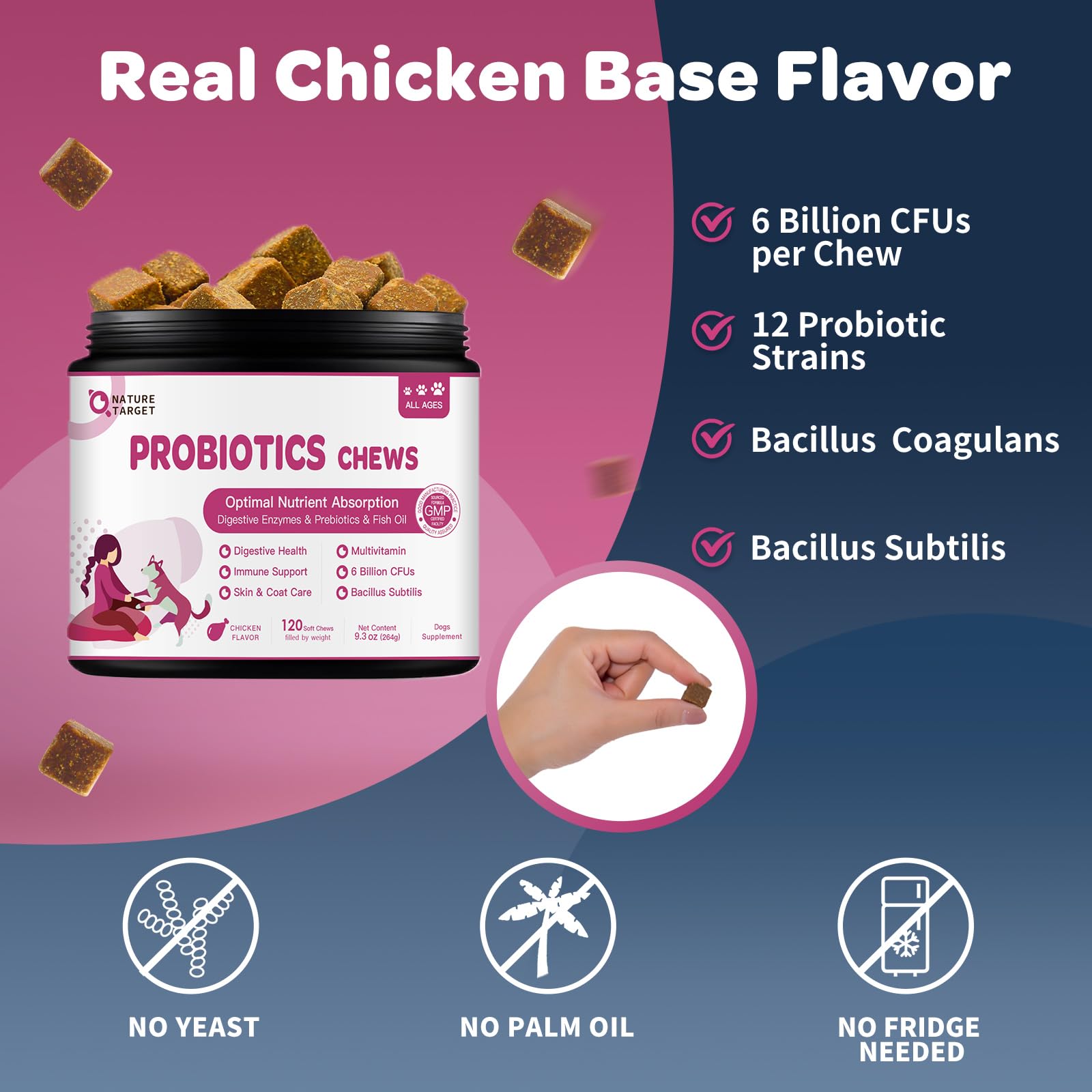 NATURE TARGET Continuous-release dog chews shown for steady gut balance