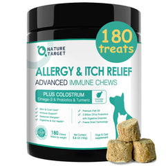 Nature Target Dog Allergy Chews packaging promotes easy allergy relief and skin comfort.