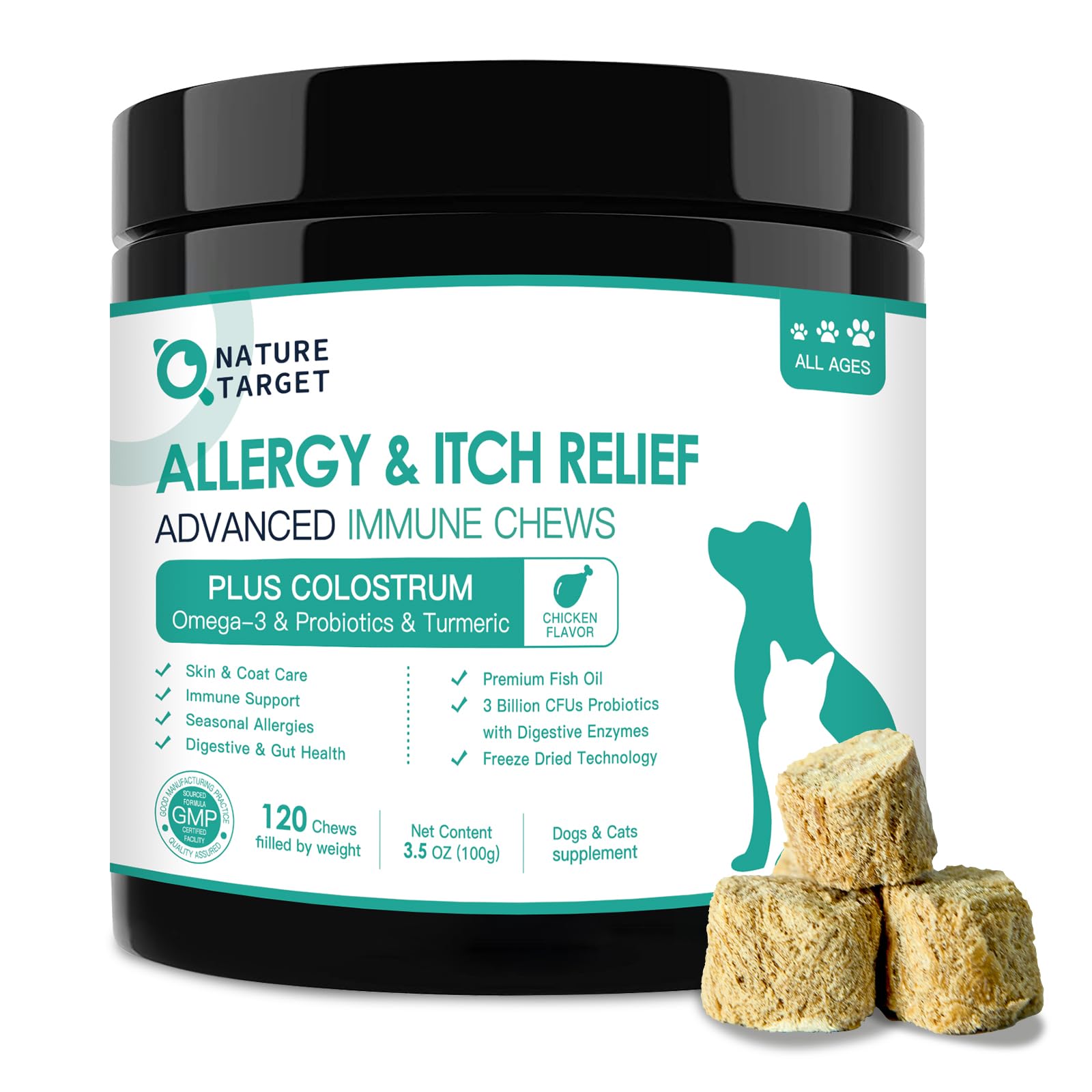 Nature Target Dog Allergy Relief Chews packaging shows resealable bag for convenient daily use.