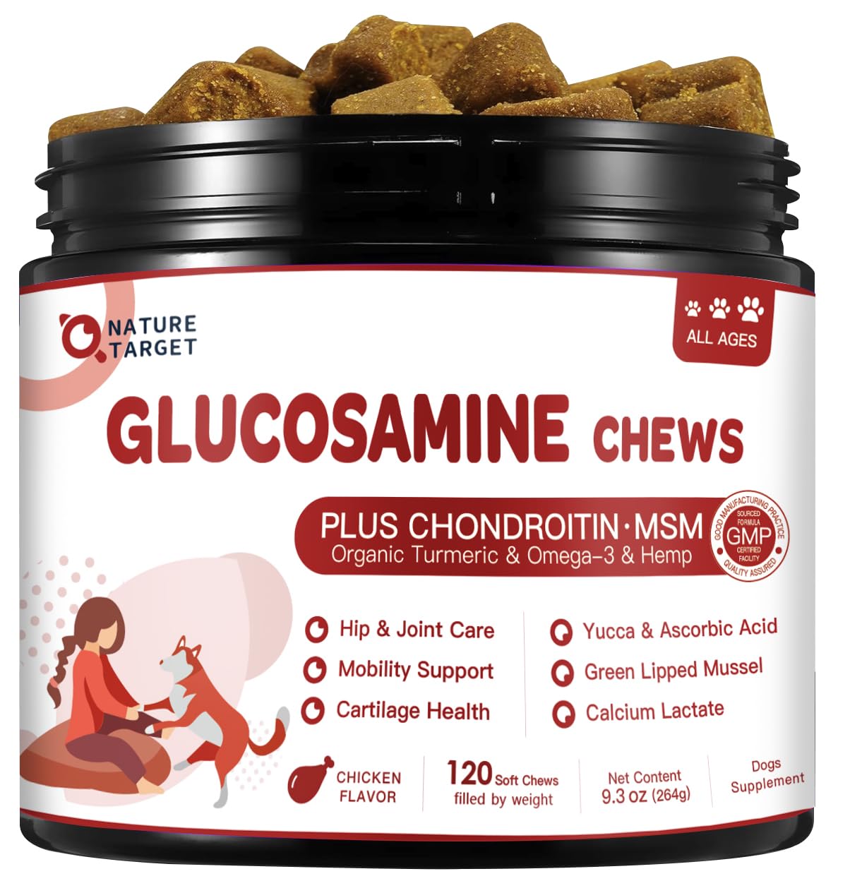 Nature Target dog joint chews bottle showing joint support for active dogs