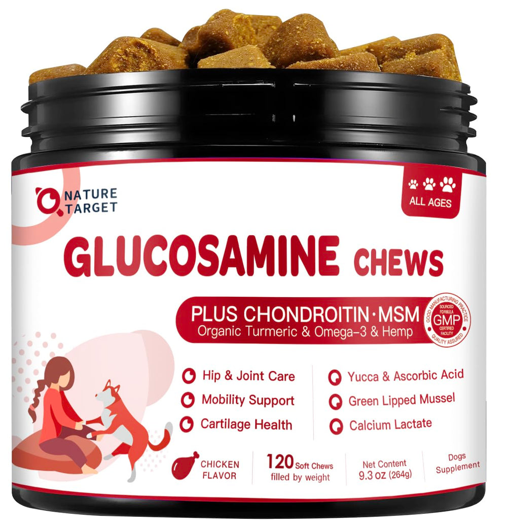 Nature Target dog joint chews bottle showing joint support for active dogs