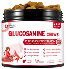 Nature Target dog joint chews bottle showing joint support for active dogs