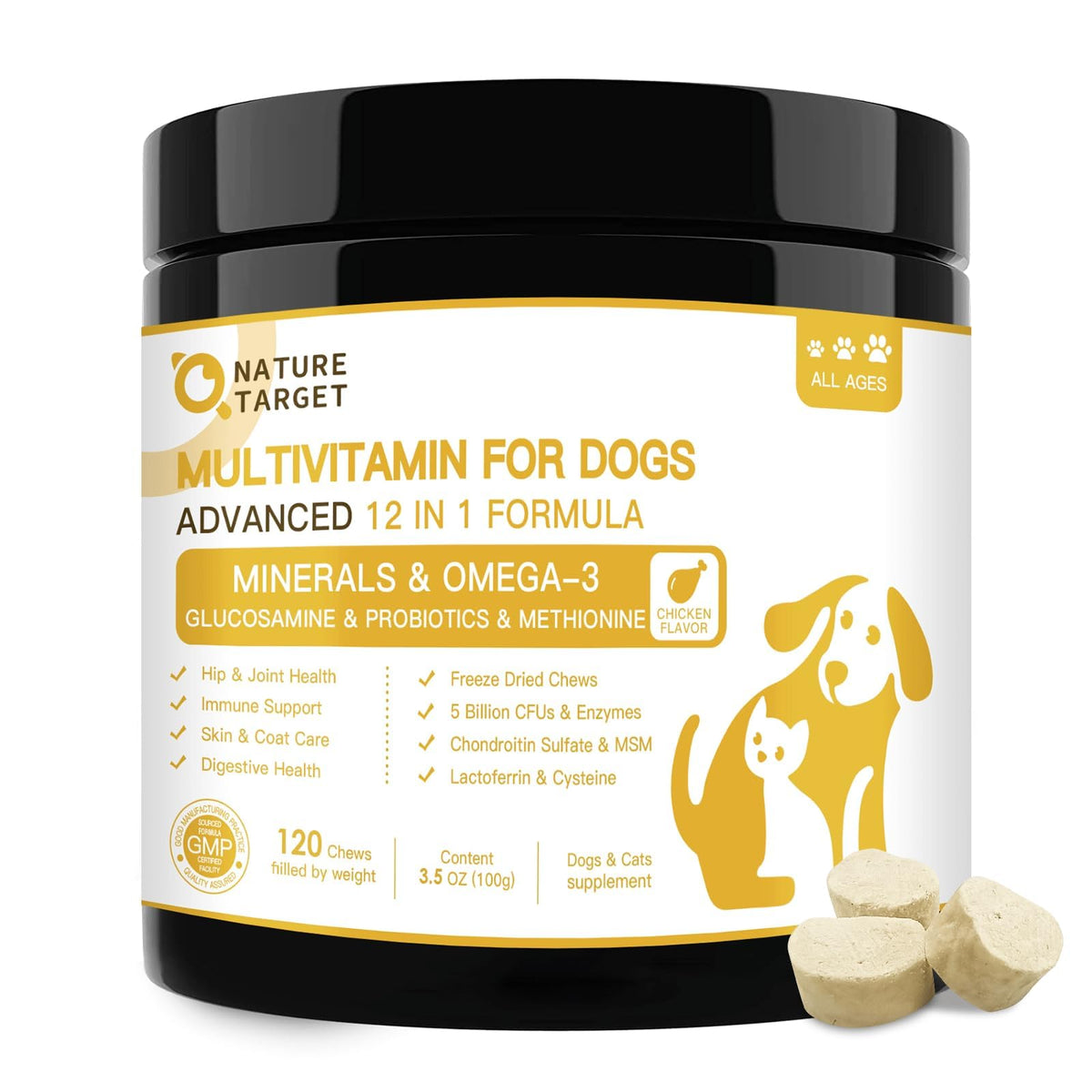 Nature Target dog multivitamin bottle closeup for daily vitality benefits.