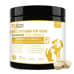 Nature Target dog multivitamin bottle closeup for daily vitality benefits.