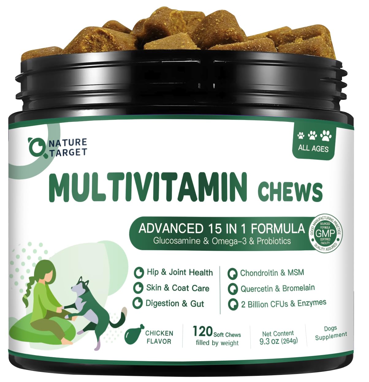 Nature Target dog multivitamin jar with chicken-flavor chews for daily wellness.