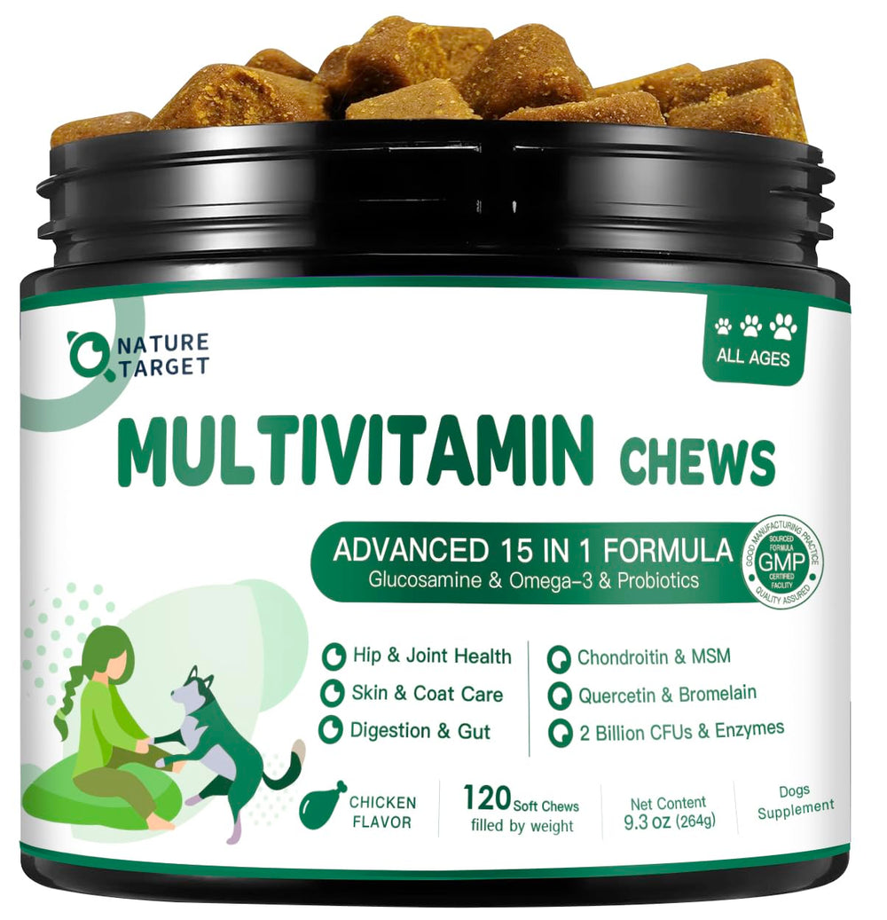 Nature Target dog multivitamin jar with chicken-flavor chews for daily wellness.