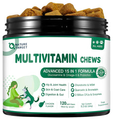 Nature Target dog multivitamin jar with chicken-flavor chews for daily wellness.