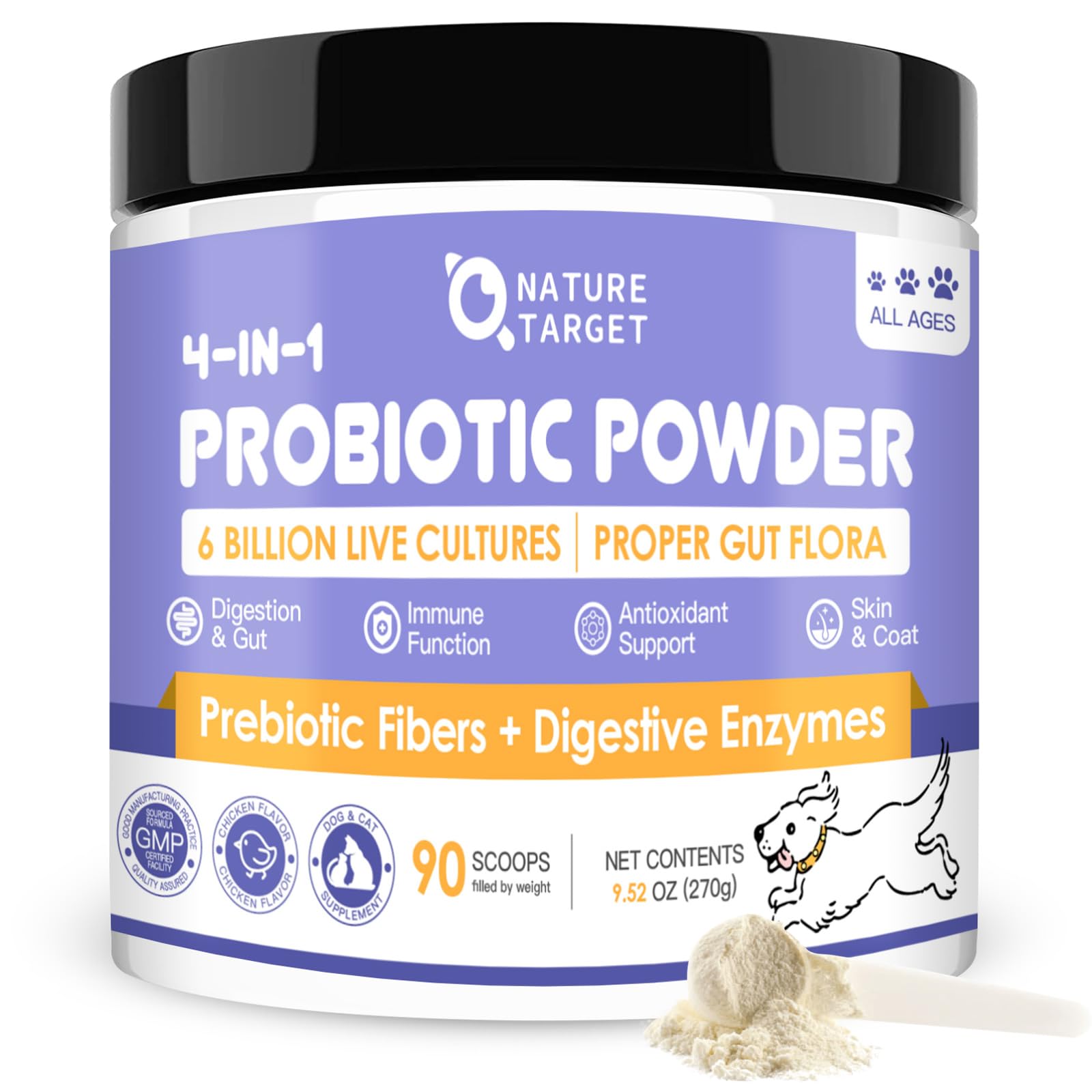 NATURE TARGET dog probiotics bottle shows 6B CFU for gut support.