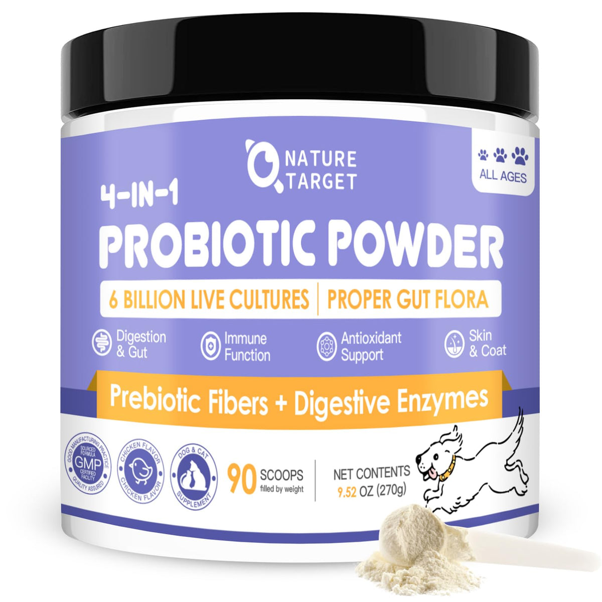 NATURE TARGET dog probiotics bottle shows 6B CFU for gut support.
