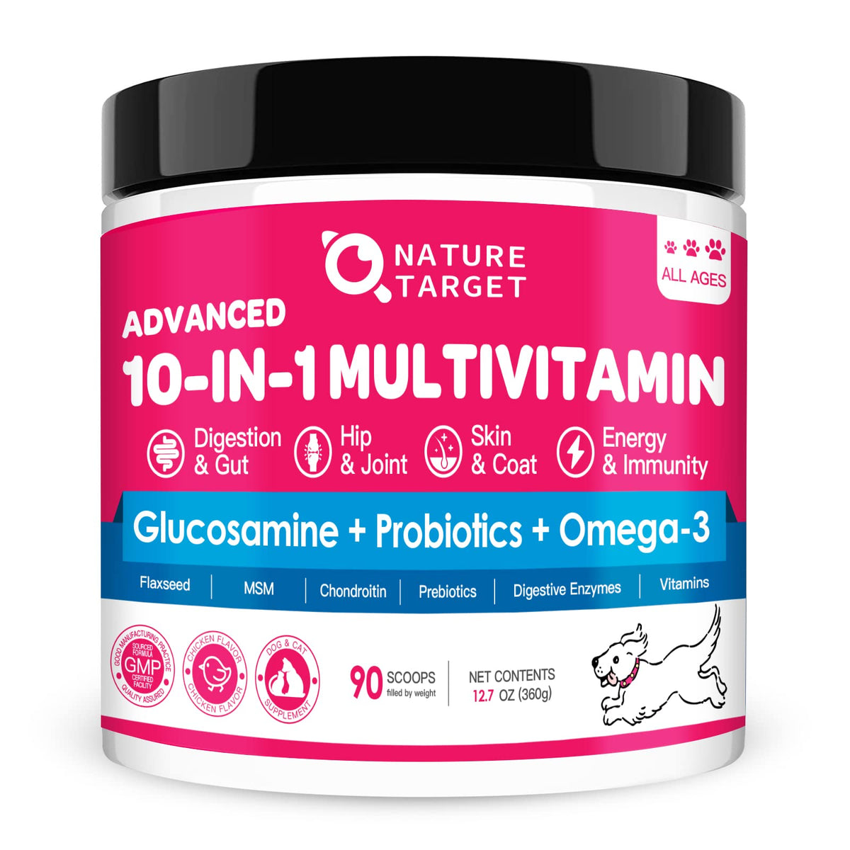 Nature Target dog vitamins powder bottle supports daily wellness when mixed into meals