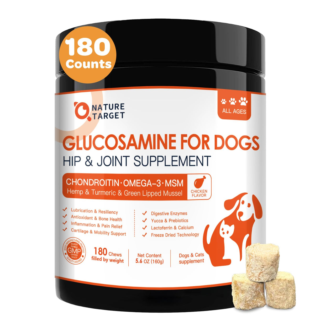 Nature Target glucosamine dog chews bottle highlighting joint support and mobility