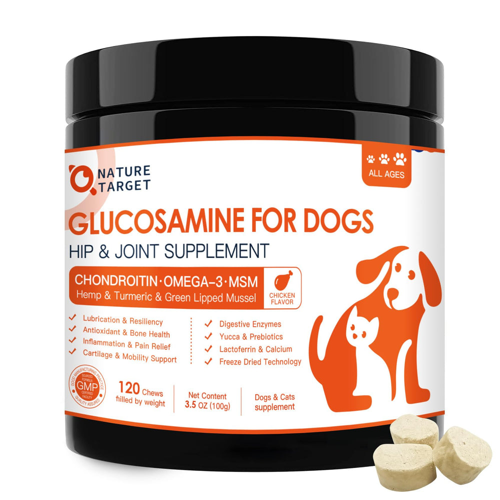 Nature Target glucosamine joint chews bottle, tasty support for dogs' joint comfort and mobility.